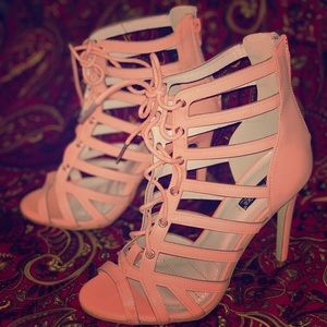 Peach Net Lace-up Heels